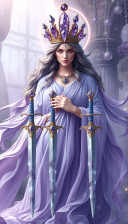 The Goddess of Swords exudes an aura of divine grace and wisdom, enveloped in a realm of mysticism