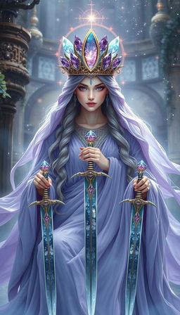 The Goddess of Swords exudes an aura of divine grace and wisdom, enveloped in a realm of mysticism