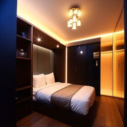 A self-contained room adorned with ambient decor lights around a large 6x6 bed, a stylish wardrobe by the side, and featuring a mirror with a TV console.