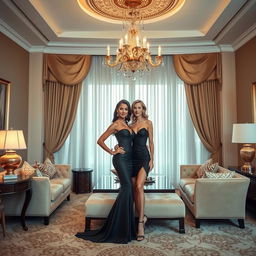 A luxurious hotel room setting featuring two elegant women reminiscent of Sofia Vergara and Elisabeth Olsen