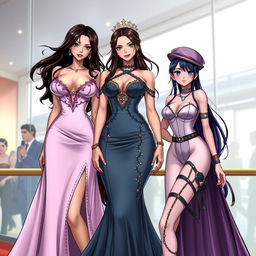 A realistic depiction of three stunning women inspired by Nico Robin, Boa Hancock, and Nami from One Piece, each wearing a sexy, elegantly designed dress