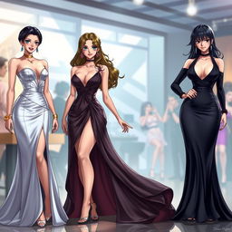 A realistic depiction of three stunning women inspired by Nico Robin, Boa Hancock, and Nami from One Piece, each wearing a sexy, elegantly designed dress