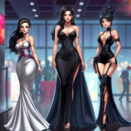 A realistic depiction of three stunning women inspired by Nico Robin, Boa Hancock, and Nami from One Piece, each wearing a sexy, elegantly designed dress