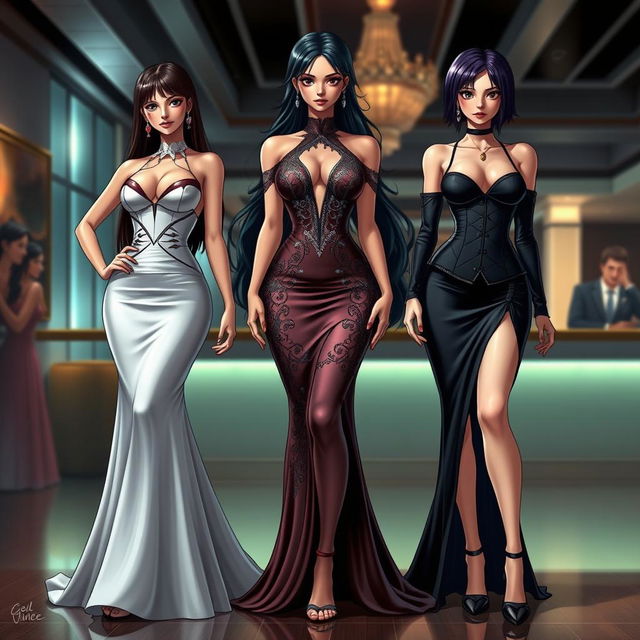 A realistic depiction of three stunning women inspired by Nico Robin, Boa Hancock, and Nami from One Piece, each wearing a sexy, elegantly designed dress