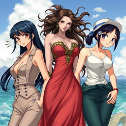 A realistic depiction of three women inspired by the characters Nico Robin, Boa Hancock, and Nami from One Piece