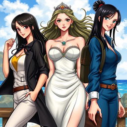 A realistic depiction of three women inspired by the characters Nico Robin, Boa Hancock, and Nami from One Piece