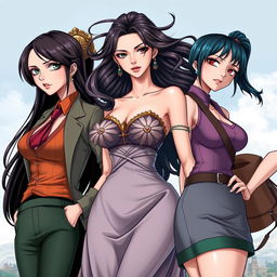 A realistic depiction of three women inspired by the characters Nico Robin, Boa Hancock, and Nami from One Piece