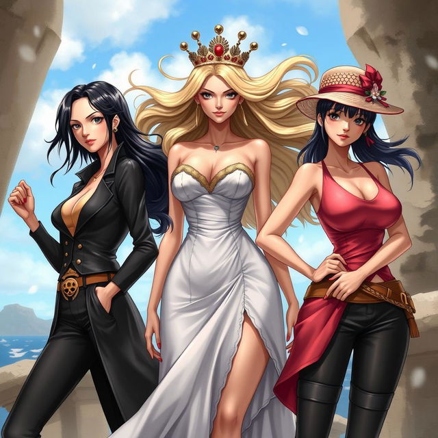 A realistic depiction of three women inspired by the characters Nico Robin, Boa Hancock, and Nami from One Piece