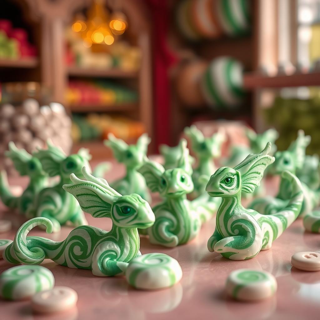 A fantastical scene of minty candies shaped in intricate mimics, resembling tiny mythical creatures