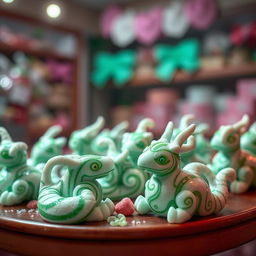 A fantastical scene of minty candies shaped in intricate mimics, resembling tiny mythical creatures