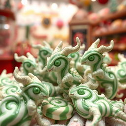 A fantastical scene of minty candies shaped in intricate mimics, resembling tiny mythical creatures