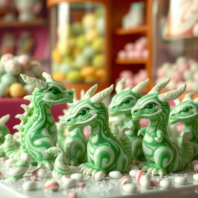 A fantastical scene of minty candies shaped in intricate mimics, resembling tiny mythical creatures