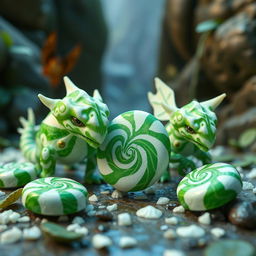 In a magical D&D realm, minty candies transformed into lively mimic creatures, resembling mythical creatures and fantastical beasts