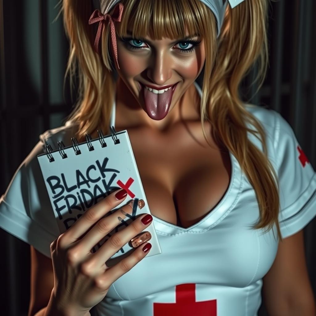 extreme close-up of a gorgeous nurse with blond pigtails, wearing a tight white dress featuring a red cross on the chest, emphasizing a large chest and noticeable cleavage