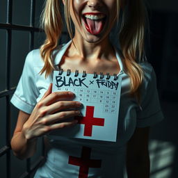 extreme close-up of a gorgeous nurse with blond pigtails, wearing a tight white dress featuring a red cross on the chest, emphasizing a large chest and noticeable cleavage