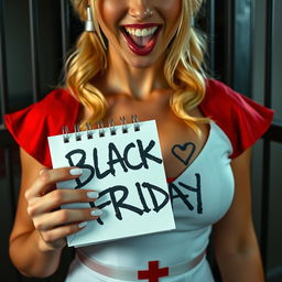 extreme close-up of a gorgeous nurse with blond pigtails, dressed in a tight-fitting white dress with a red cross, accentuating a voluptuous chest and deep cleavage