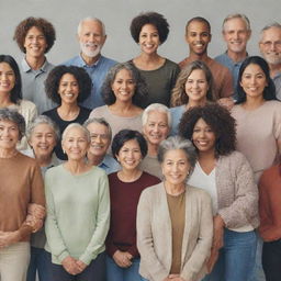 A diverse group of people standing together in unity, showcasing varied ages, ethnicities, and styles.