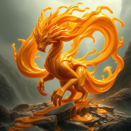 A majestic caramel elemental creature, emerging with swirling, flowing forms made entirely of rich, golden caramel