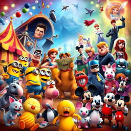 A dynamic and colorful movie poster featuring a mashup of iconic characters from various animated shows and movies