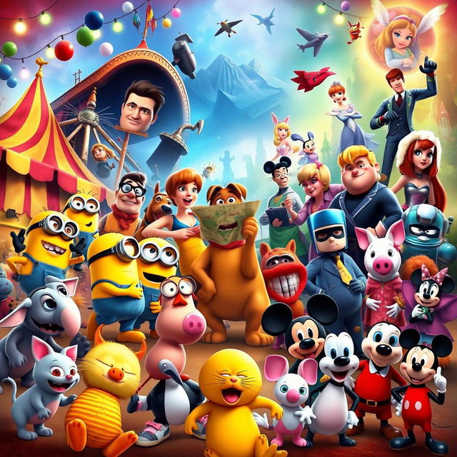 A dynamic and colorful movie poster featuring a mashup of iconic characters from various animated shows and movies