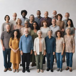 A diverse group of people standing together in unity, showcasing varied ages, ethnicities, and styles.