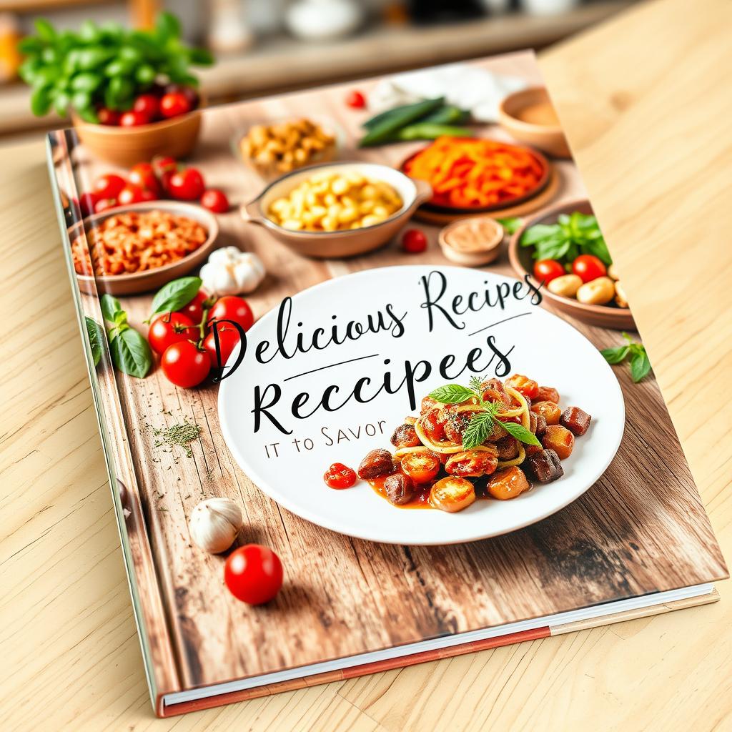 A charming and inviting recipe book cover featuring an array of colorful and delicious-looking dishes spread across a rustic wooden kitchen table