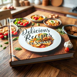 A charming and inviting recipe book cover featuring an array of colorful and delicious-looking dishes spread across a rustic wooden kitchen table