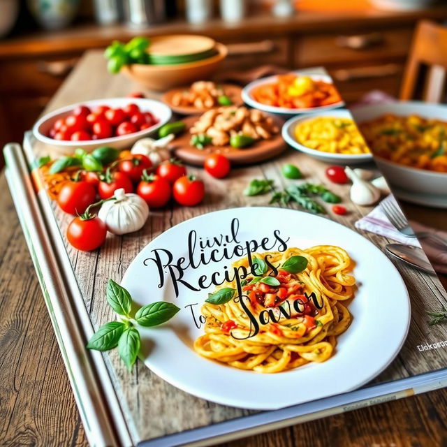 A charming and inviting recipe book cover featuring an array of colorful and delicious-looking dishes spread across a rustic wooden kitchen table