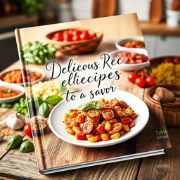 A charming and inviting recipe book cover featuring an array of colorful and delicious-looking dishes spread across a rustic wooden kitchen table