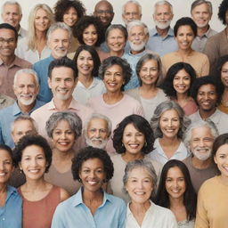 A diverse group of people standing together in unity, showcasing varied ages, ethnicities, and styles.