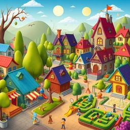 A vibrant, family-friendly cartoon city that embodies the essence of popular TV shows like Scooby-Doo, Pocoyo, Dora the Explorer, and Hide and Sneak