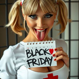 extreme close-up of a gorgeous nurse with blond pigtails, wearing a figure-hugging white dress adorned with a red cross, showcasing a generous chest and teasing cleavage