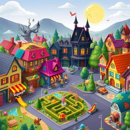 A vibrant, family-friendly cartoon city that embodies the essence of popular TV shows like Scooby-Doo, Pocoyo, Dora the Explorer, and Hide and Sneak