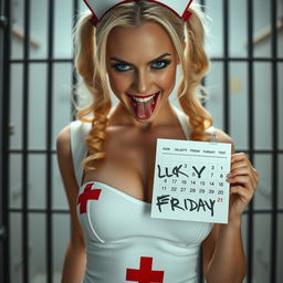 extreme close-up of a gorgeous nurse with blond pigtails, wearing a figure-hugging white dress adorned with a red cross, showcasing a generous chest and teasing cleavage