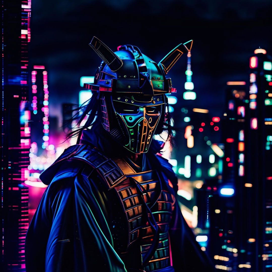 Futuristic cyber samurai in low light, photographed in a cinematic style reminiscent of James Nachtwey.