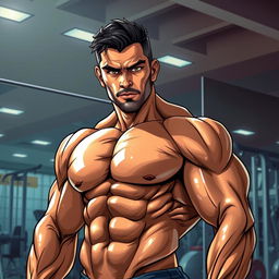 A powerful and detailed illustration of a muscular man, showcasing an incredibly defined physique