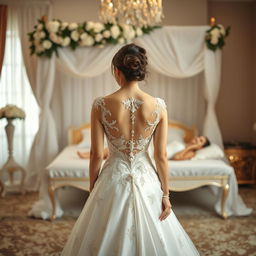 A beautiful bride standing gracefully in front of her marriage altar, captured in a moment of contemplation