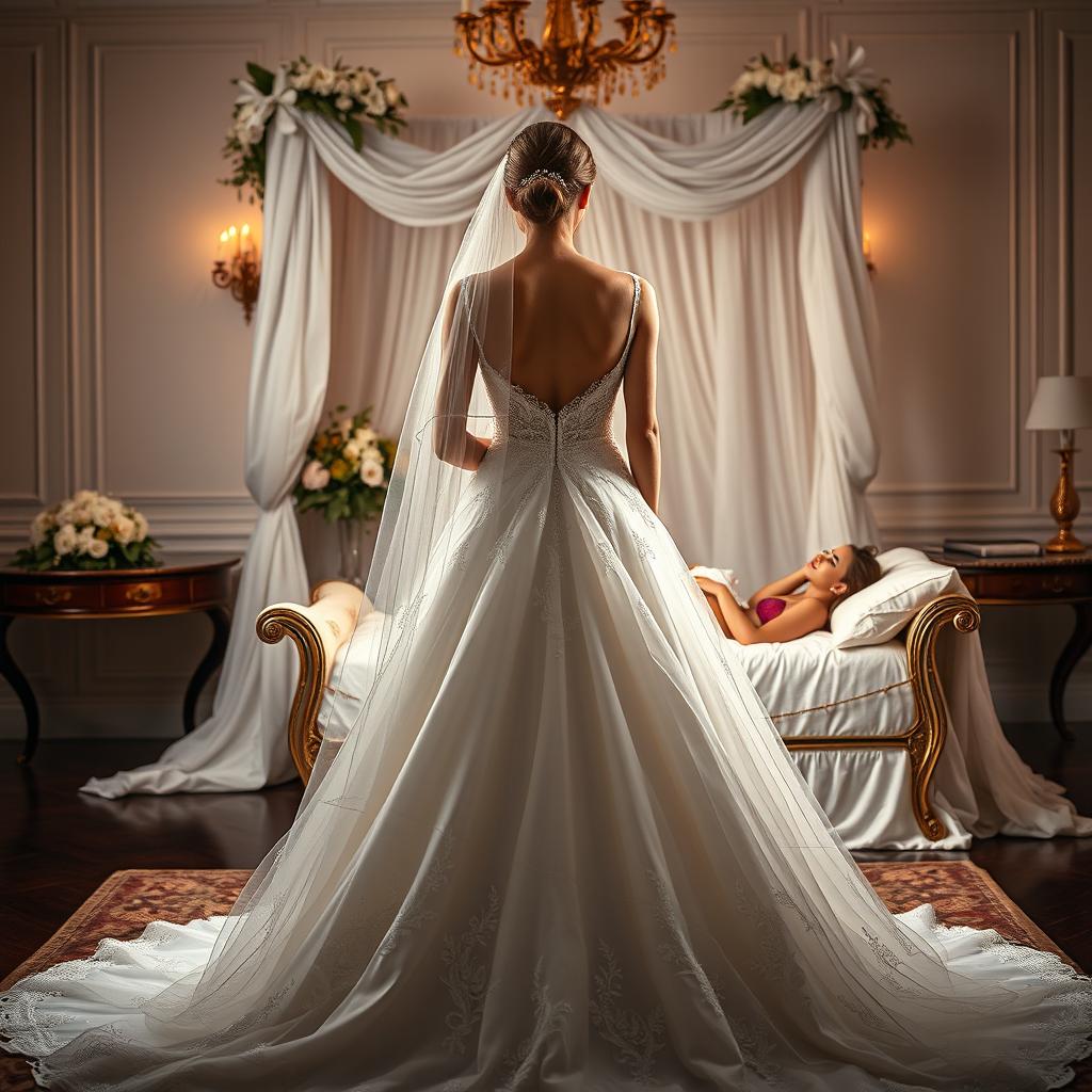 A beautiful bride standing gracefully in front of her marriage altar, captured in a moment of contemplation