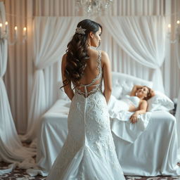 A beautiful bride standing gracefully in front of her marriage altar, captured in a moment of contemplation