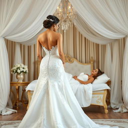 A beautiful bride standing gracefully in front of her marriage altar, captured in a moment of contemplation