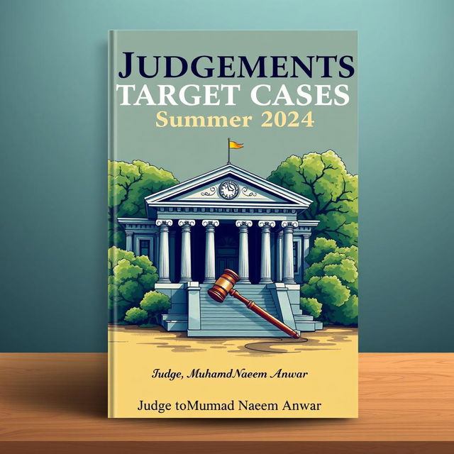 A captivating book cover design for a legal publication titled "Judgements: Target Cases Summer 2024" by Judge Muhammad Naeem Anwar