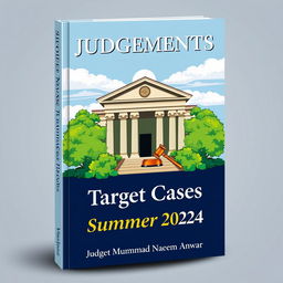 A captivating book cover design for a legal publication titled "Judgements: Target Cases Summer 2024" by Judge Muhammad Naeem Anwar