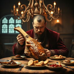 A man with an intense expression about to eat a roasted lamb head, sitting at an ornate dining table