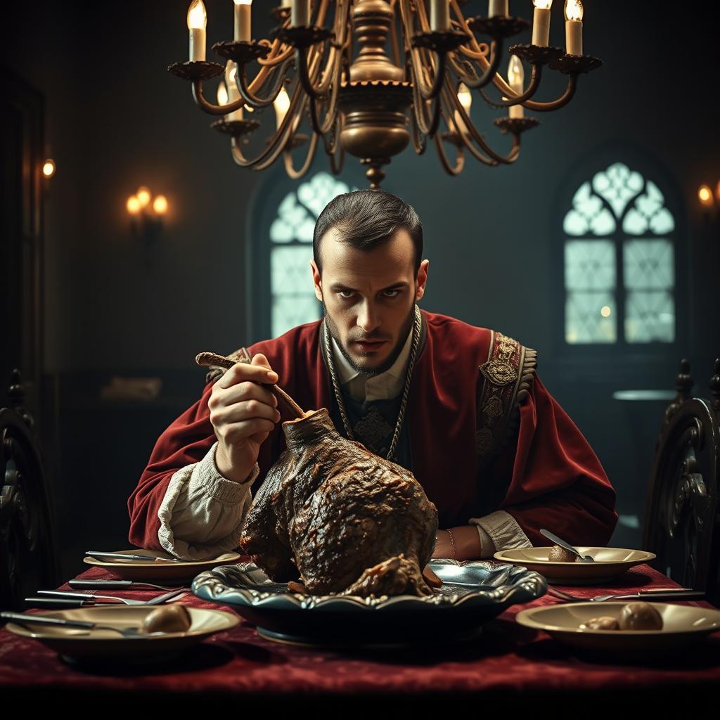 A man with an intense expression about to eat a roasted lamb head, sitting at an ornate dining table