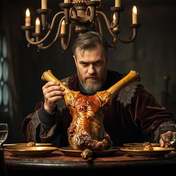 A man with an intense expression about to eat a roasted lamb head, sitting at an ornate dining table