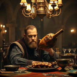 A man with an intense expression about to eat a roasted lamb head, sitting at an ornate dining table