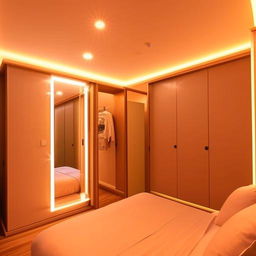 A self-contained room adorned with ambient decor lights around a large 6x6 bed, a stylish wardrobe by the side, and featuring a mirror with a TV console.