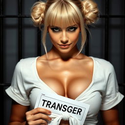 extreme close-up of a gorgeous female's torso, featuring a stylish blond bun with two pronounced bangs