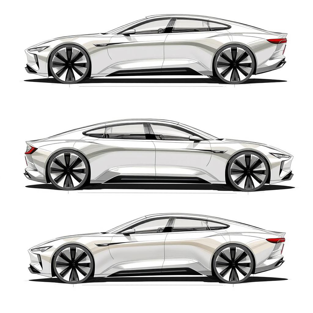 Sketches of a luxurious sedan with dimensions of 6