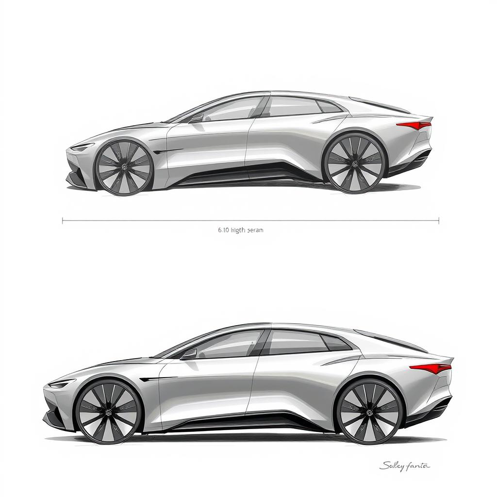 Sketches of a luxurious sedan with dimensions of 6